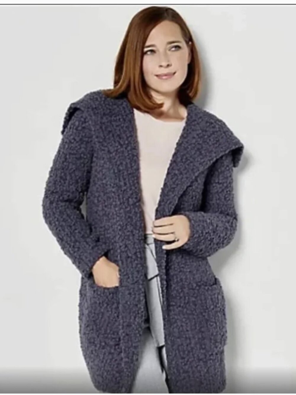 New BAREFOOT DREAMS Cozy Wide Shawl Blue Bouclé Cardigan W/Patch Pockets - Picture 2 of 9